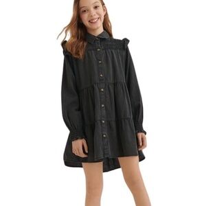 Mayoral GIRLS GREY DENIM TIERED DRESS Size 16 Ruching Bodice Cuffs Long Sleeve